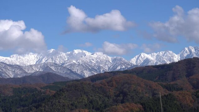 Drifting clouds over the snow mountain. 4K time-lapse recording.
