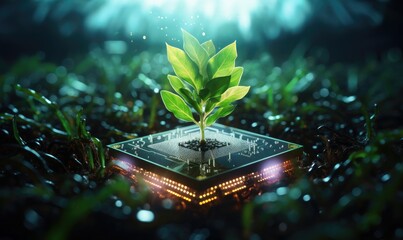 Digital Ecology: Glowing Plant on Computer Chip Symbolizing Sustainable Business

