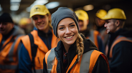 A joyful woman stands among a group of people wearing bright orange and yellow vests, her smile radiating as she confidently dons a hard hat on her head - obrazy, fototapety, plakaty