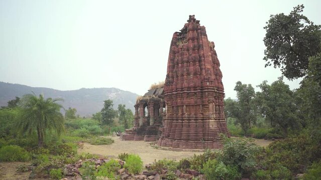 Pan shot of an Ancient Hindu Temple with Beautiful Architecture at Bhand devra group of temples in Ramgarh of Baran district in Rajasthan India