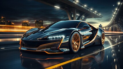 Fast sports car supercar driving fast on the road at night - obrazy, fototapety, plakaty