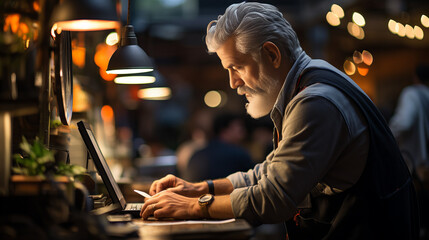 A stylishly dressed man works diligently on his laptop, oblivious to the bustling street outside