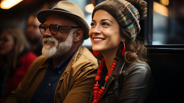 A stylish couple, beaming with joy, flaunt their unique fashion choices on a bustling city street, as they confidently showcase their human faces adorned with glasses, beards, hats, and other fashion