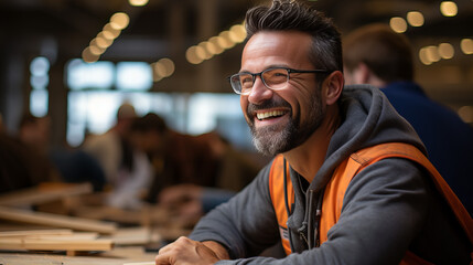 A stylish man with a charming smile and a distinguished beard, exuding confidence in his glasses and vest against a warm, wooden backdrop - obrazy, fototapety, plakaty
