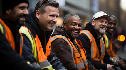 A jovial group of workers clad in high-visibility jackets and beaming smiles, standing outdoors in their reflective vests