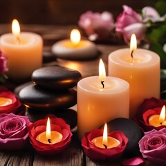 Obraz na płótnie Canvas Spa stones with candles and roses on dark wooden table, closeup. Valentine's Day celebration
