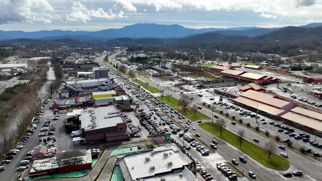 aerial rising up over Pigeon Forge Tennessee