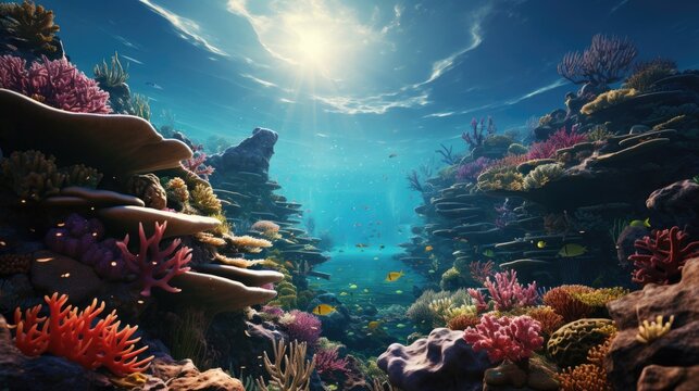 View from under the water to the sea with the underwater world of fish and corrals
