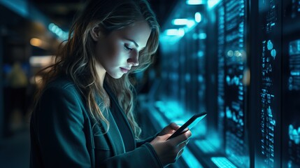 Big Data Center Female Chief Technology Officer Using Laptop Standing In Warehouse, Activates Servers, Information Digitalization Starts. SAAS, Cloud Computing, Online Service - obrazy, fototapety, plakaty