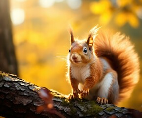 A cute squirrel with a bushy tail enjoys a nut on a tree branch in a vibrant autumn forest. Generative AI.