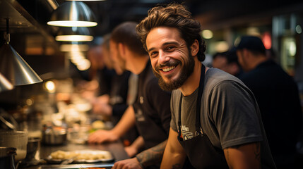 A well-dressed man radiates joy as he confidently poses in an upscale restaurant kitchen, embodying the perfect blend of sophistication and warmth - obrazy, fototapety, plakaty