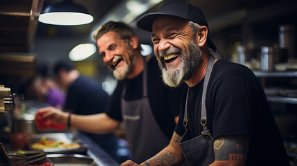 In a cozy kitchen filled with the sound of music, two bearded men share a smile over a delicious meal, their stylish clothing and hats adding to the warm and inviting atmosphere - obrazy, fototapety, plakaty