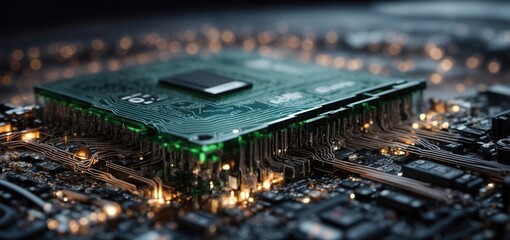 Concept Visualization for Advanced Technology Microchip Circuit Board CPU Processor Microchip AI Initialization Digitization of Cloud Computing and Neural Network Data. Data is Moved via Digital Lines