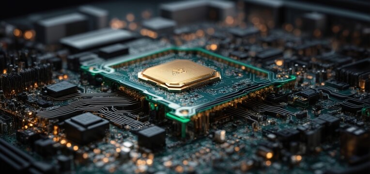 Advanced Technology Concept Visualization Circuit Board CPU Processor Microchip Starting Artificial Intelligence Digitalization of Neural Networking and Cloud Computing Data. Digital Lines Move Data