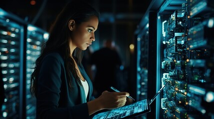 Female IT Specialist Uses Tablet in Data Center. Server Farm Cloud Computing Facility with Maintenance Administrator Working. Cyber Security Engineer Working in Personal Network Protection