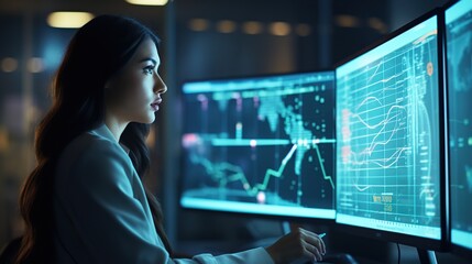 A female senior data scientist is in the monitoring room, reviewing reports from the risk management department on a large digital screen. Employees of a Diverse Consulting Firm Using Desktop Computer
