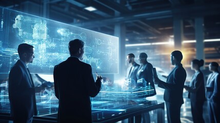 Futuristic Technology Team of Engineers and Professionals Workers in Industry Manufacturing Factory that is Digitalized with Graphics into Connected Automated Machinery. High-Tech Industry