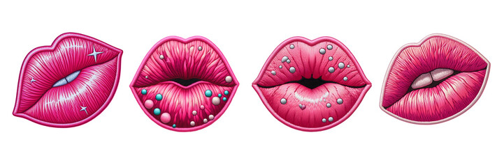 Set of beautiful pink lips embroidered patch badge, Valentine's day, isolated over on transparent background(2) - obrazy, fototapety, plakaty