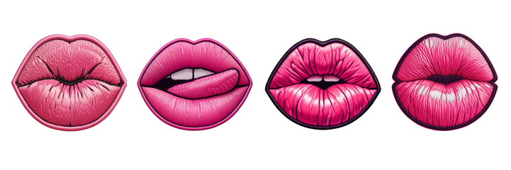 Set of beautiful pink lips embroidered patch badge, Valentine's day, isolated over on transparent background(1)