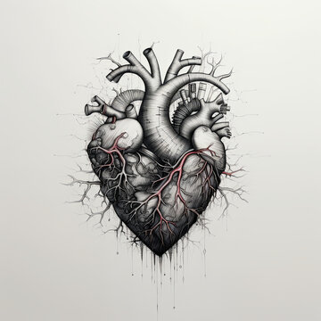Anatomical Heart Illustration with Mechanical Elements and Blood Drips