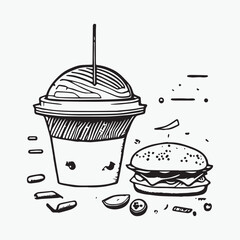 Burger coloring page hand drawn black and white color