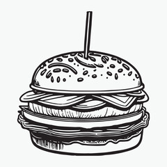 Burger coloring page hand drawn black and white color