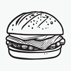 Burger coloring page hand drawn black and white color
