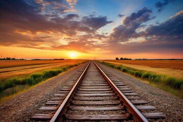 photo of railroad tracks headed off into the horizon of a rural sunset