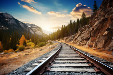photo of railroad tracks headed off into the horizon of a mountain pass - obrazy, fototapety, plakaty