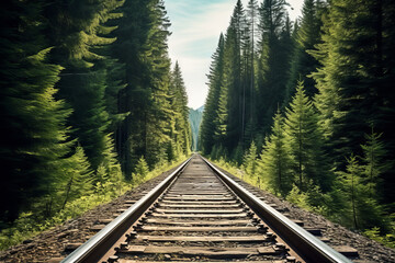 photo of railroad tracks headed off into the horizon of an evergreen forest
