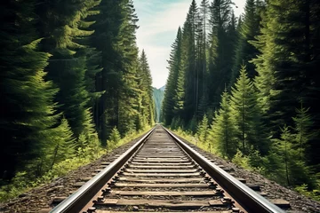 Fototapeten photo of railroad tracks headed off into the horizon of an evergreen forest © Castle Studio