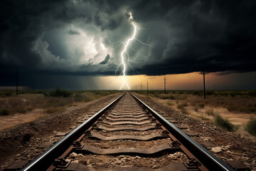 photo of railroad tracks headed off into the horizon of a dark cloud and lightning