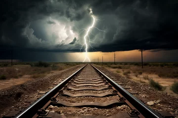 Wall murals Railway photo of railroad tracks headed off into the horizon of a dark cloud and lightning