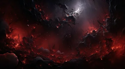 Deurstickers A Cosmic Horror: Malevolent Dark Nebula Bleeds Red, whilst Black Beams of Emptiness are Pierced by a Silver Starlit Beacon - generative ai © Billy