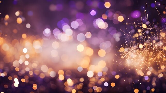 Gold and dark violet Fireworks and bokeh in New Year eve and copy space. Abstract background holiday