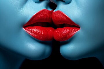 Imagen artística de labios rojos brillantes sobre tono de piel azul, ideal para temas de belleza