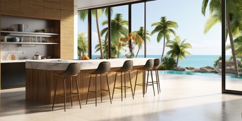 kitchen with bar island, stool, concrete floor, kitchenware, decoration, cooking area, and tropics...
