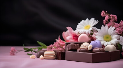 Obraz na płótnie Canvas A box with chocolates and flowers on a dark background