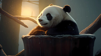 Panda in suset and sunrise. Vector Illustration