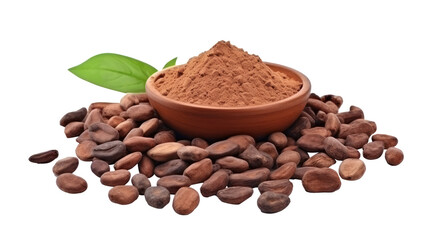 Cocoa powder with cocoa beans on white isolated on clear png background and transparent background. food drink and dessert concept for cafe and restaurent, AI generative. 