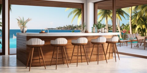 Fototapeta premium Tropical hotel kitchen with panoramic window, dining table, bar island, and stool.