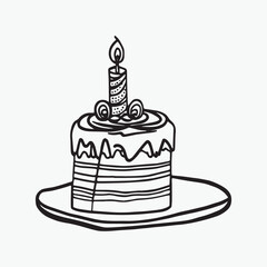 Birthday cake coloring page hand drawn black and white colors