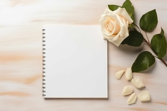 Background with rose flowers and empty notebook for text blank diary rose flower decoration 