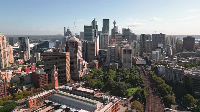 Aerial view Real time Footage of Sydney City various building in CBD downtown district via Central station, Sydney