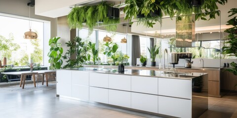 Modern apartment with large mirror and plants on island in spacious kitchen.