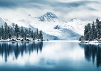 A serene mountain lake surrounded by snow-capped peaks, captured from a panoramic view. The image