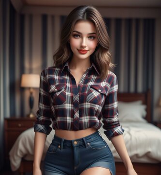 Beautiful young woman in checkered shirt and jeans posing in the bedroom
