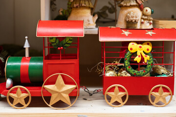 Wooden train toy transportation star wheel with red and green color and ornament decorate Christmas...