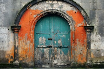 Old wooden door with orange and green paint, in an old building