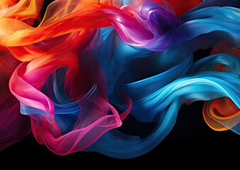 A surrealistic composition of smoke intertwining with vibrant colored ribbons, creating a visually